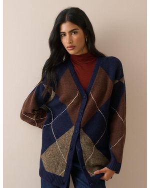 Nobody's Child Argyle Long Line Cardigan - Blue