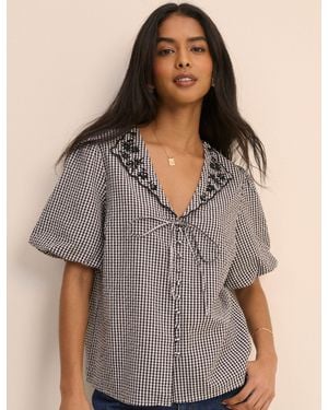 Nobody's Child And Gingham Puff Sleeve Isla Top - Grey