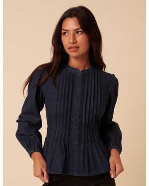 Nobody's Child Dark Denim Pintuck Denim Blouse - Black
