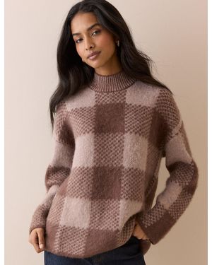 Nobody's Child Check Brushed Funnel Neck Jumper - Brown