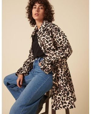 Nobody's Child Leopard Print Single Breasted Trench Coat - Blue