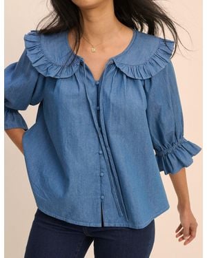 Nobody's Child Mid Denim Floral Short Sleeve Blouse - Blue