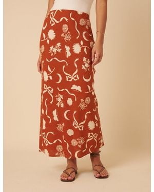 Nobody's Child Printed Linen-Blend Midi Skirt - Orange