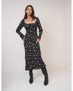 Nobody's Child Floral Long Sleeve Naples Midi Dress - Black