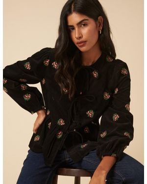 Nobody's Child Cord Floral Embroidered Tie Front Blouse - Black
