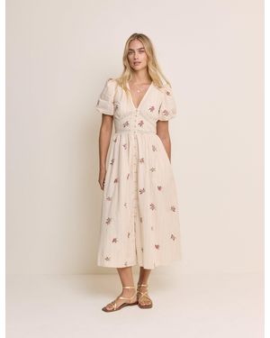 Nobody's Child Light Striped Puff Sleeve Yardley Midi Dress - Natural