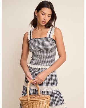 Nobody's Child Gingham Shirred Ruffle Trim Top - Blue