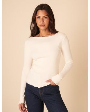 Nobody's Child Boat Neck Frill Ribbed Top - Natural