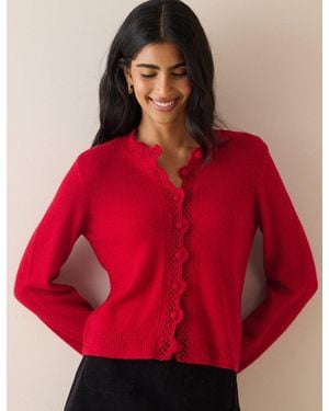 Nobody's Child Wool-Blend Crochet Trim Crew Neck Cardigan - Red
