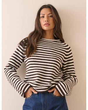 Nobody's Child Striped Ribbed Trim Boat Neck Jumper - Brown