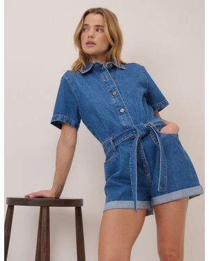 Nobody's Child Mid Wash Tie Waist Tyler Denim Playsuit - Blue