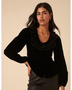 Nobody's Child Velvet Ruffle Collared Blouse - Black