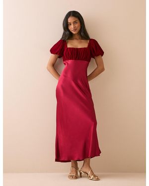 Nobody's Child Satin Puff Sleeve Elizabeth Midi Dress - Red