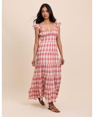 Nobody's Child Check Ruffle Trim Tiered Levi Maxi Dress - Pink