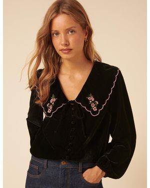 Nobody's Child Floral Collared Velvet Birdie Blouse - Black