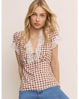 Nobody's Child Gingham Lace Trim Maeve Top - Natural