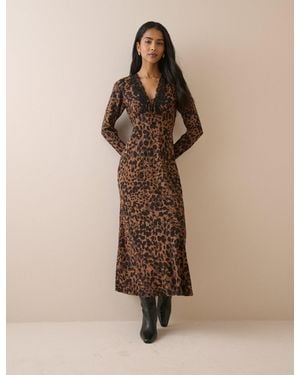 Nobody's Child Leopard Print Lace Trim Long Sleeve Aida Midi Dress - Natural