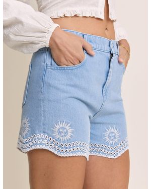 Nobody's Child Light Wash Embroidered Scallop Denim Shorts - Blue