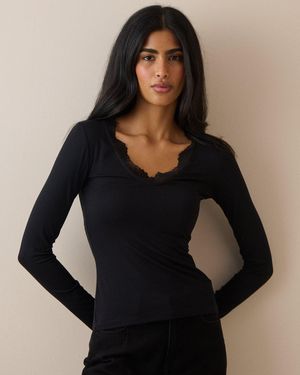 Nobody's Child Scalloped Lace Trim Modal-Rich Top - Black