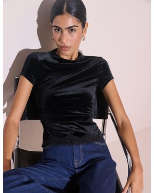 Nobody's Child Lace Trim Velvet Top - Black