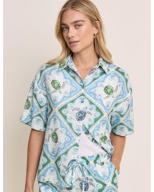 Nobody's Child Ocean Print Linen-Blend Shirt - Blue