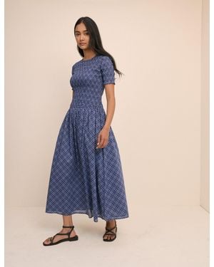 Nobody's Child Check Shirred Shay Midi Dress - Blue