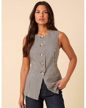 Nobody's Child Gingham Longline Crew Neck Waistcoat - Natural