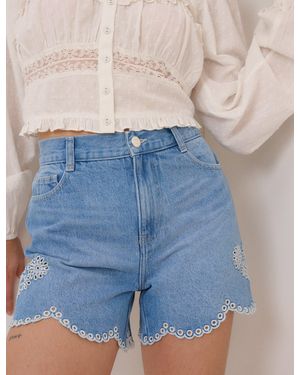Nobody's Child Denim Embroidered Shorts - Blue