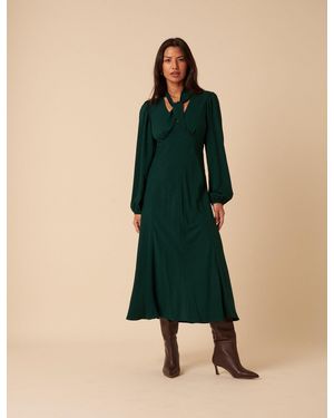 Nobody's Child Forest Satin Balloon Sleeve Tie Neck Sadie Midi Dress - Green