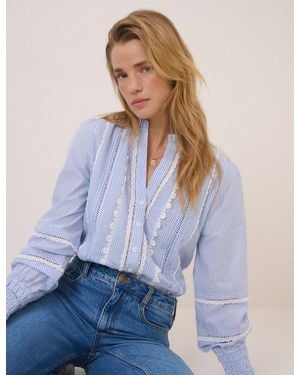 Nobody's Child Pinstripe Lace Trim Blouse - Blue
