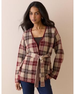 Nobody's Child And Burgundy Check Belted Knit Jacket - Brown