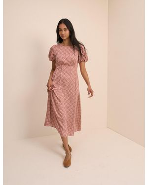 Nobody's Child Check Puff Sleeve Quinn Midi Dress - Natural