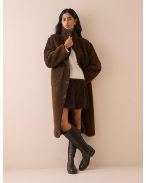 Nobody's Child Longline Funnel Neck Faux Shearling Coat - Natural