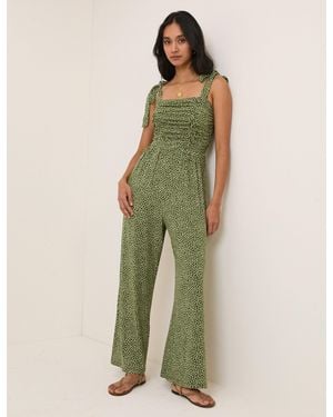 Nobody's Child Polka Dot Tie Shoulder Jersey Jumpsuit - Green