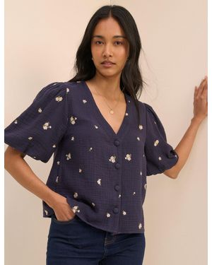 Nobody's Child Floral Embroidered Puff Sleeve Top - Blue