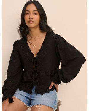 Nobody's Child Embroidered Tie Front Blouse - Black