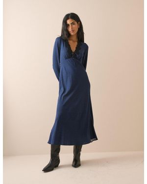Nobody's Child Polka Dot Lace Trim Long Sleeve Aida Midi Dress - Blue