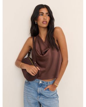 Nobody's Child Cowl Neck Satin Top - Brown