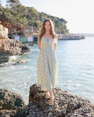 Nobody's Child Ocean Printed Shirred Waist Alina Midi Dress - Metallic