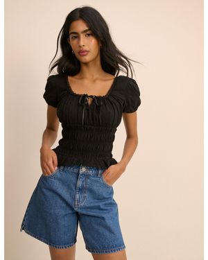 Nobody's Child Embroidered Puff Sleeve Shirred Bodice Top - Blue