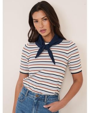 Nobody's Child Striped Tie Neck T-Shirt - Blue
