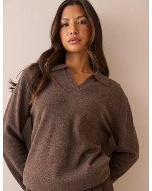 Nobody's Child Chocolate Marl Open Collar Wool Jumper - Brown