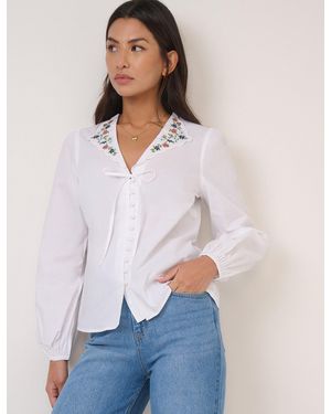 Nobody's Child Floral Embroidered Collar Blouse - White