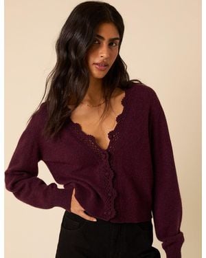 Nobody's Child Burgundy Crochet Trim Knitted Cardigan - Purple