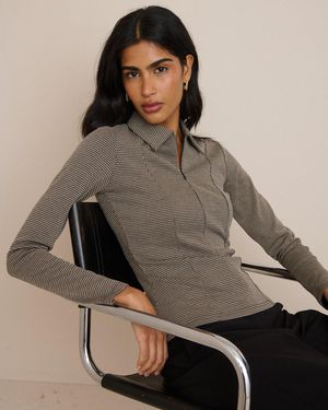 Nobody's Child Houndstooth Collared Jersey Top - Brown