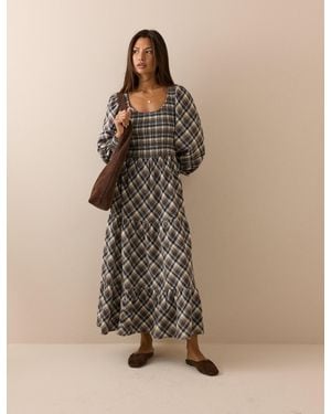 Nobody's Child And Check Shirred Ruby Midi Dress - Brown