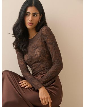 Nobody's Child Floral Boat Neck Lace Top - Brown