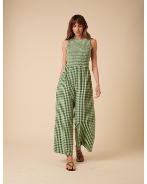 Nobody's Child Gingham Shirred Ruth Jumpsuit - Green