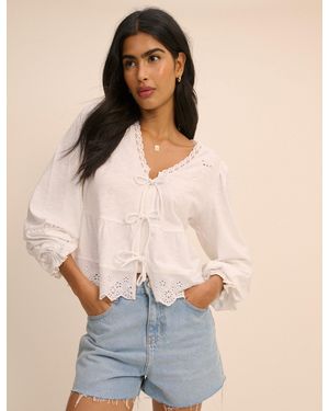 Nobody's Child Embroidered Tie Front Blouse - Natural