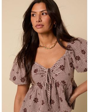 Nobody's Child Gingham Embroidered Top - Brown